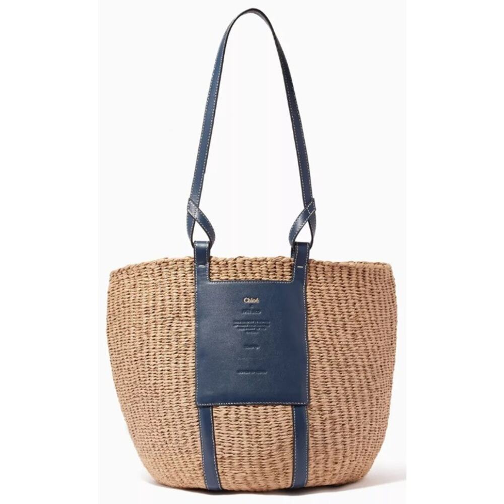 Chloe x Mifuko Large Raffia Basket Tote in Fair Trade Paper & Navy Leather